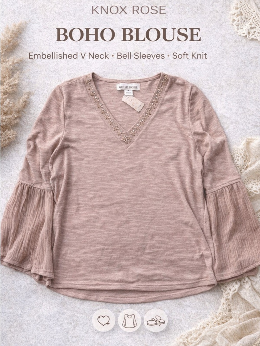 Knox Rose Boho Blouse M Embellished V Neck Bell Sleeve Soft Knit NWT